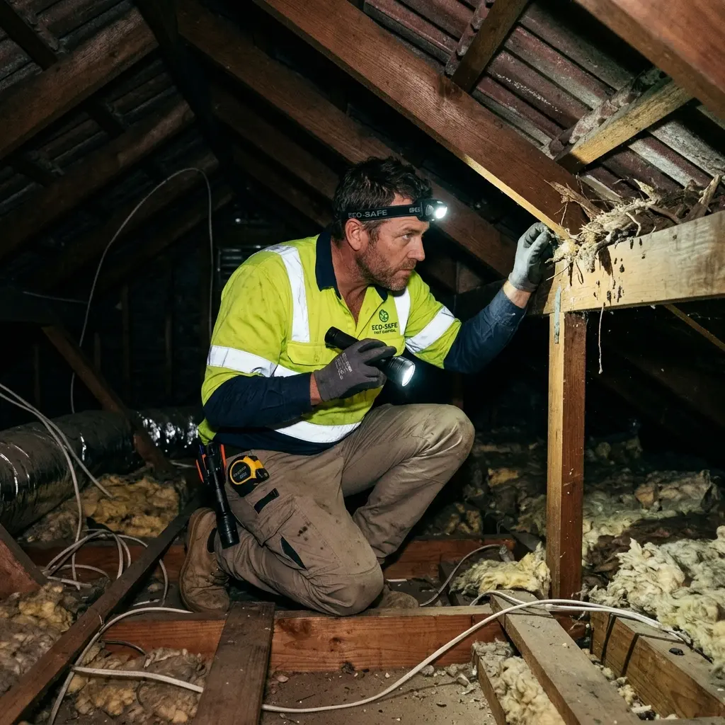 Technician inspecting a roof cavity for a dead animal in Taylors Hill